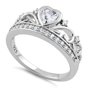 Sterling Silver Heart Crown Clear CZ Ring Sizes 7,8,10